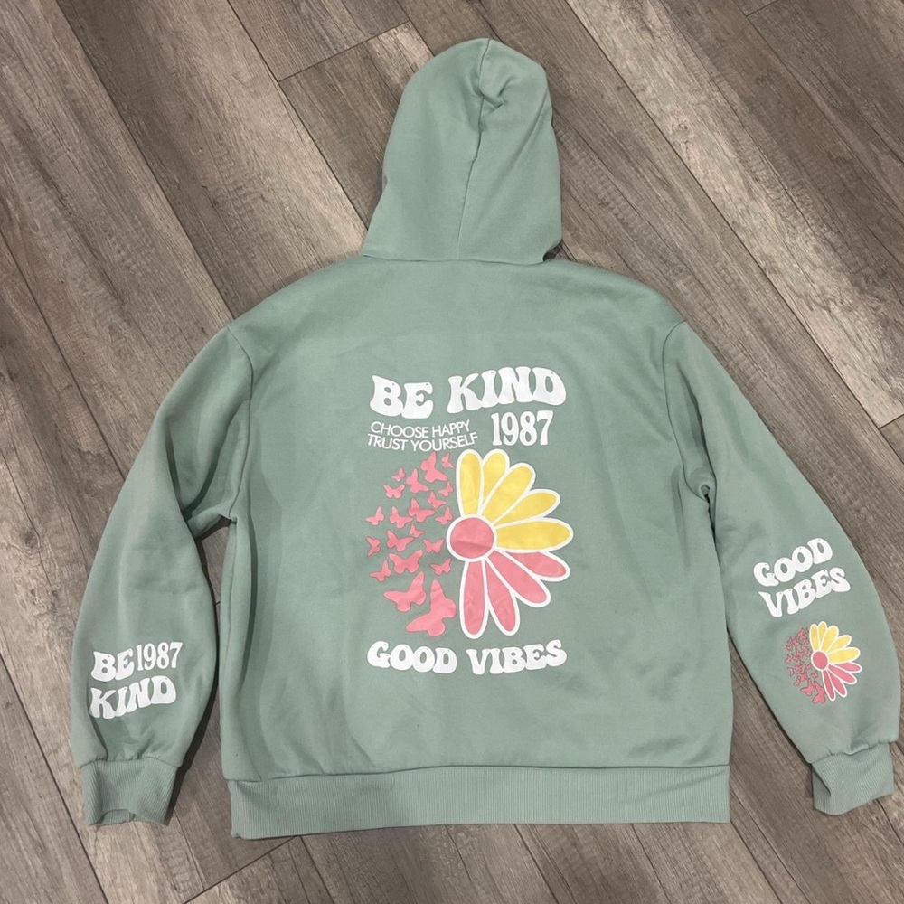 Green and Pink Graphic Sweater with Floral Motif